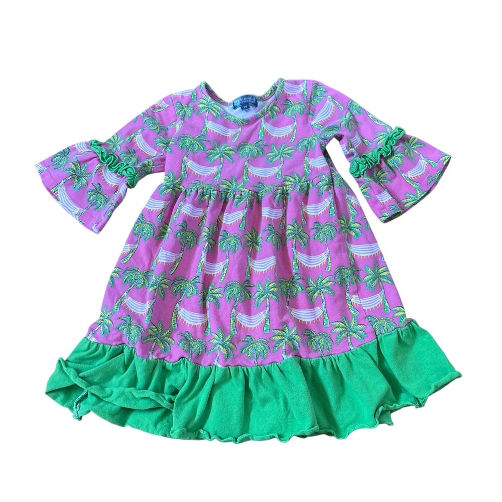 Simply Southern Dress‎ Kids Pink Green Palm Tree Ruffle Bell Sleeve SIZE 3T